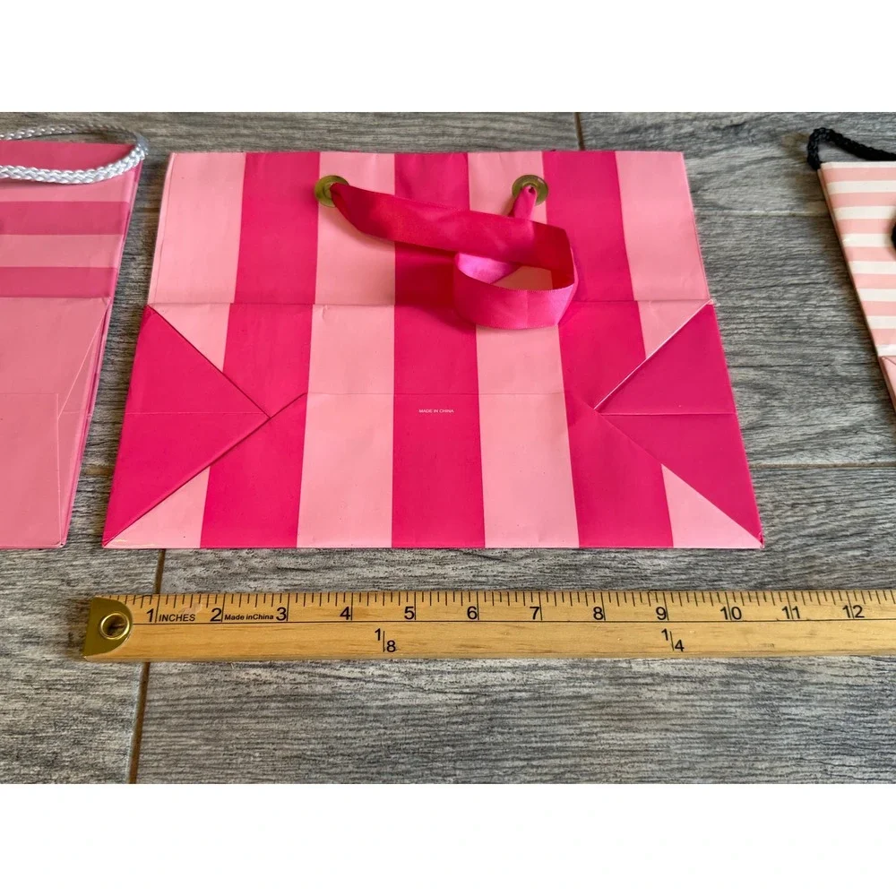 Victoria's Secret Gift Bags Set of 3 Pink Striped Lingerie Paper Bag Tote Ribbon